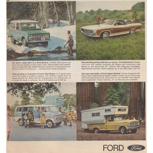 1969 Ford Vintage Print Ad  Bronco Ranchero Club Wagon Camper Truck Mid Century